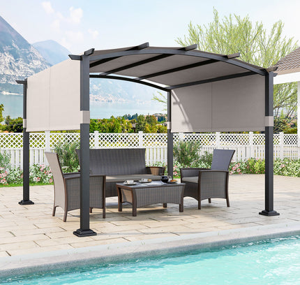 10x10 ft Pergola Modern Arched Patio Shelter w/ Retractable Sunshade Canopy
