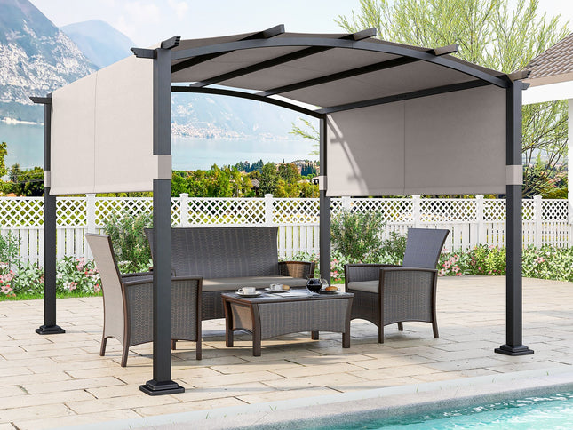 10x10 ft Pergola Modern Arched Patio Shelter w/ Retractable Sunshade Canopy