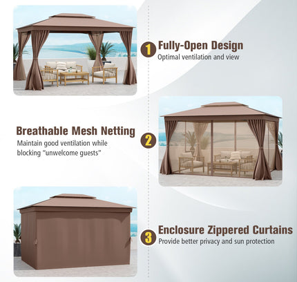 10 x 13 Feet Patio Gazebo Double-Roof with Mesh Netting and Privacy Curtains