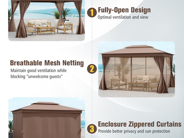 10 x 13 Feet Patio Gazebo Double-Roof with Mesh Netting and Privacy Curtains