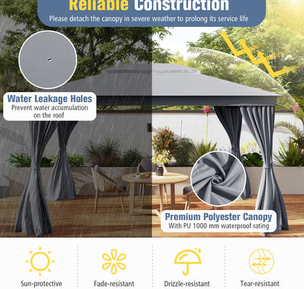 10 x 13 Feet Patio Gazebo Double-Roof with Mesh Netting and Privacy Curtains