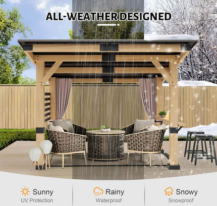 [10X12FT] Alora Heavy-Duty Premium Outdoor All-Season Wooden Cedar Hardtop Gazebo With Metal Roof & Back Curtains