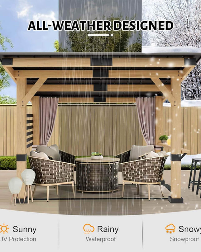 [10X12FT] Alora Heavy-Duty Premium Outdoor All-Season Wooden Cedar Hardtop Gazebo With Metal Roof & Back Curtains