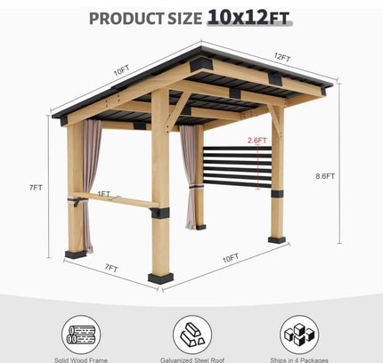 [10X12FT] Alora Heavy-Duty Premium Outdoor All-Season Wooden Cedar Hardtop Gazebo With Metal Roof & Back Curtains
