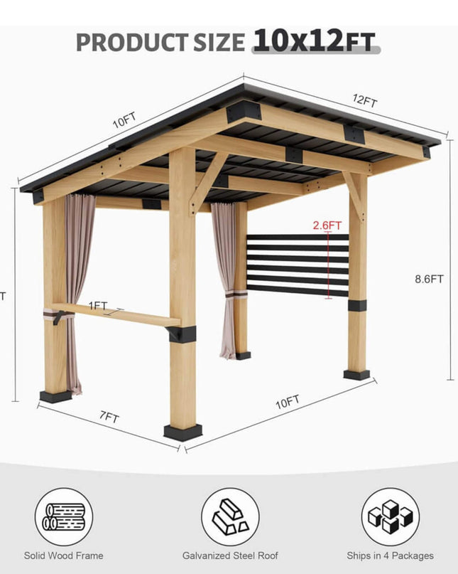 [10X12FT] Alora Heavy-Duty Premium Outdoor All-Season Wooden Cedar Hardtop Gazebo With Metal Roof & Back Curtains