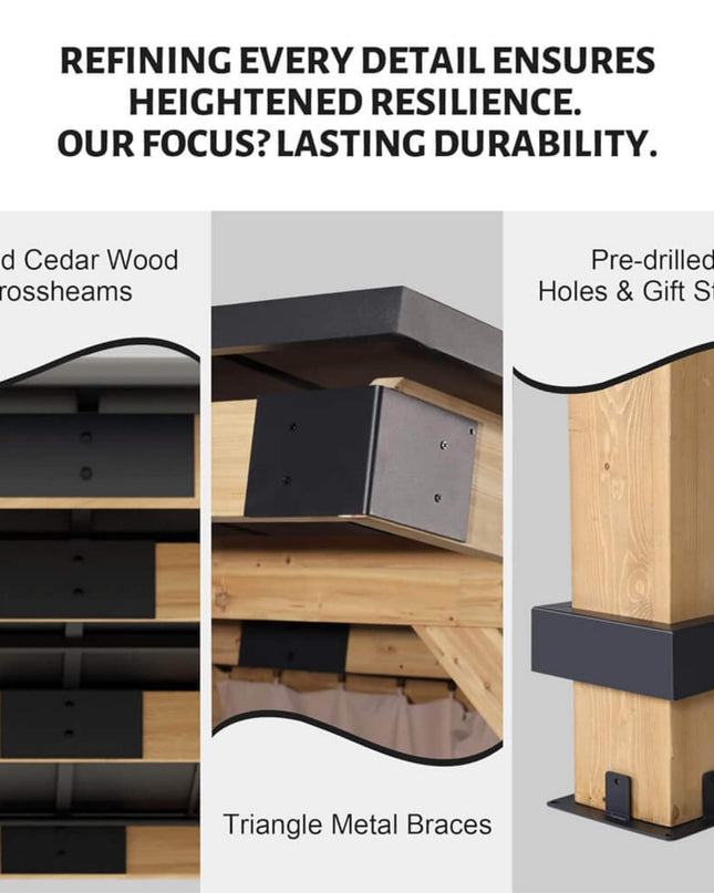 [10X12FT] Alora Heavy-Duty Premium Outdoor All-Season Wooden Cedar Hardtop Gazebo With Metal Roof & Back Curtains