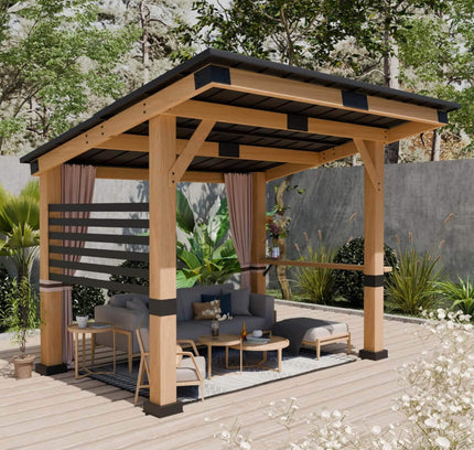 [10X12FT] Alora Heavy-Duty Premium Outdoor All-Season Wooden Cedar Hardtop Gazebo With Metal Roof & Back Curtains