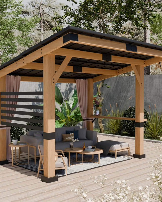[10X12FT] Alora Heavy-Duty Premium Outdoor All-Season Wooden Cedar Hardtop Gazebo With Metal Roof & Back Curtains