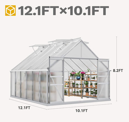 [10X12FT] Large Polycarbonate Walk-In Garden Greenhouse With Vent Window, 4MM