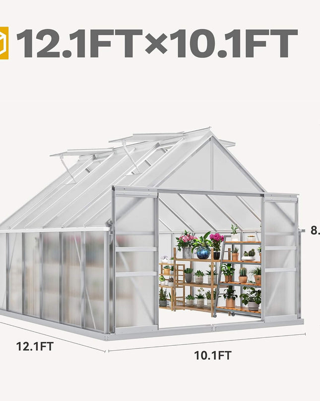 [10X12FT] Large Polycarbonate Walk-In Garden Greenhouse With Vent Window, 4MM
