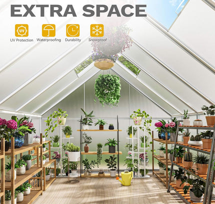 [10X12FT] Large Polycarbonate Walk-In Garden Greenhouse With Vent Window, 4MM