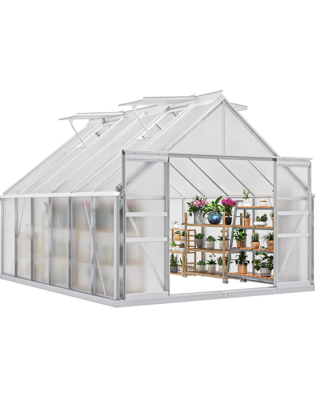 [10X12FT] Large Polycarbonate Walk-In Garden Greenhouse With Vent Window, 4MM