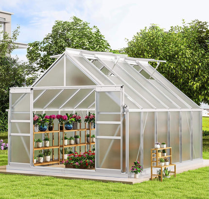 [10X12FT] Large Polycarbonate Walk-In Garden Greenhouse With Vent Window, 4MM