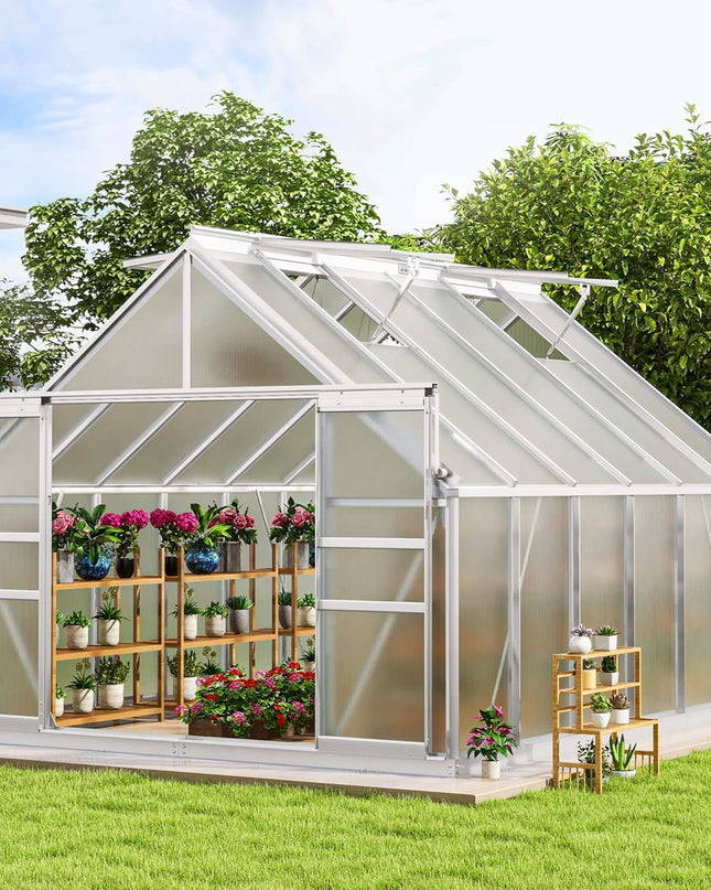 [10X12FT] Large Polycarbonate Walk-In Garden Greenhouse With Vent Window, 4MM