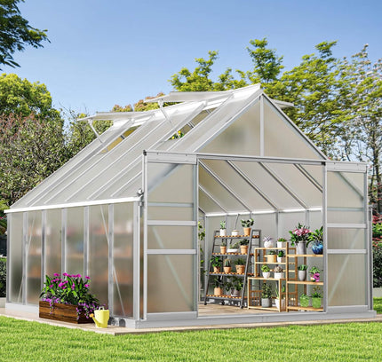 [10X12FT] Large Polycarbonate Walk-In Garden Greenhouse With Vent Window, 4MM