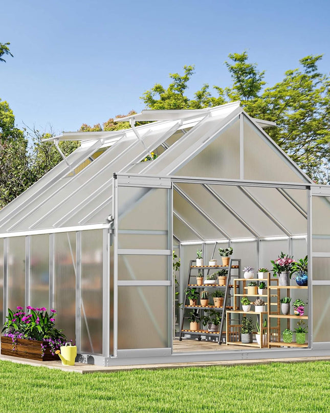 [10X12FT] Large Polycarbonate Walk-In Garden Greenhouse With Vent Window, 4MM