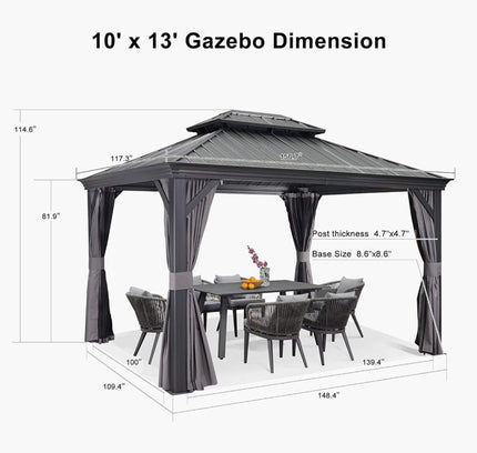 [10X13FT] Alora Large Premium Outdoor Hardtop Aluminum Gazebo With Galvanized Steel Double Roof