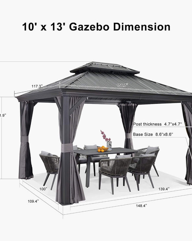 [10X13FT] Alora Large Premium Outdoor Hardtop Aluminum Gazebo With Galvanized Steel Double Roof