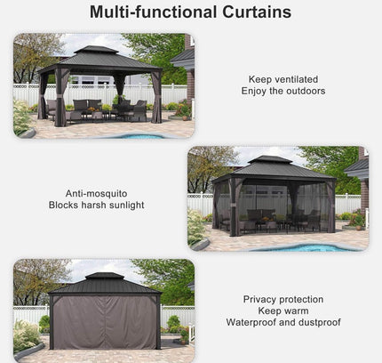 [10X13FT] Alora Large Premium Outdoor Hardtop Aluminum Gazebo With Galvanized Steel Double Roof