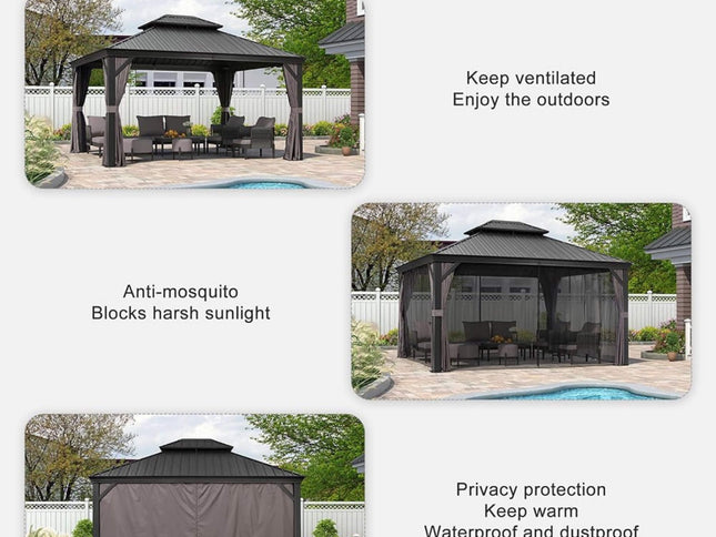 [10X13FT] Large Premium Outdoor Hardtop Aluminum Gazebo With Galvanized Steel Double Roof (SAK74826)