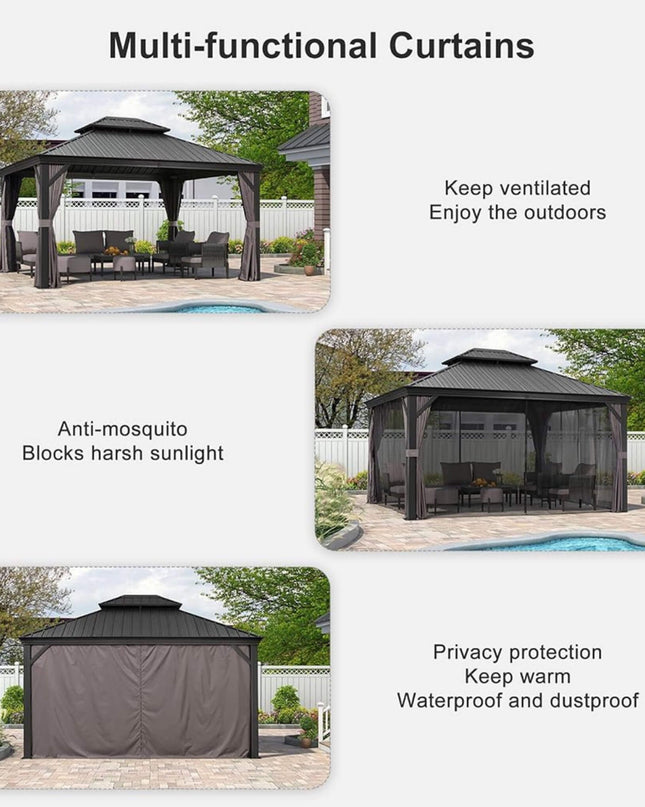 [10X13FT] Alora Large Premium Outdoor Hardtop Aluminum Gazebo With Galvanized Steel Double Roof