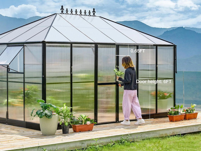 [10X14FT] Premium Outdoor Polycarbonate Greenhouse With Aluminum Frame And Double Swing Doors (SAK23168)