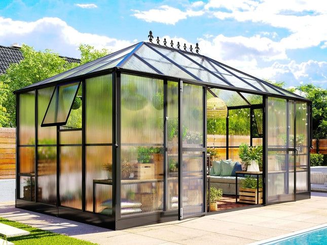 [10X14FT] Premium Outdoor Polycarbonate Greenhouse With Aluminum Frame And Double Swing Doors (SAK23168)