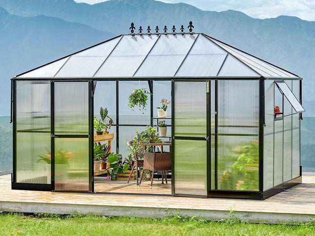 [10X14FT] Premium Outdoor Polycarbonate Greenhouse With Aluminum Frame And Double Swing Doors (SAK23168)