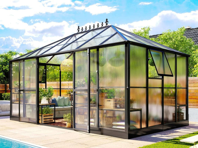[10X14FT] Premium Outdoor Polycarbonate Greenhouse With Aluminum Frame And Double Swing Doors (SAK23168)