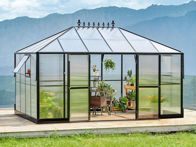 [10X14FT] Premium Outdoor Polycarbonate Greenhouse With Aluminum Frame And Double Swing Doors (SAK23168)
