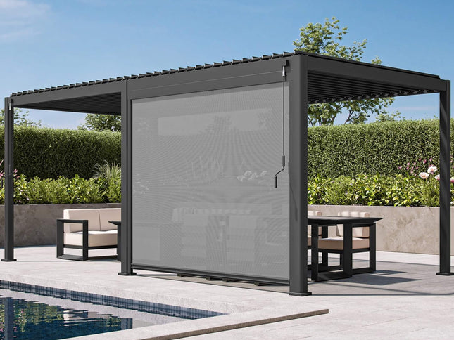 [10X20FT] Modern Outdoor Adjustable Charcoal Louvered Pergola With Screens And Built-In Drainage (SAK64973)