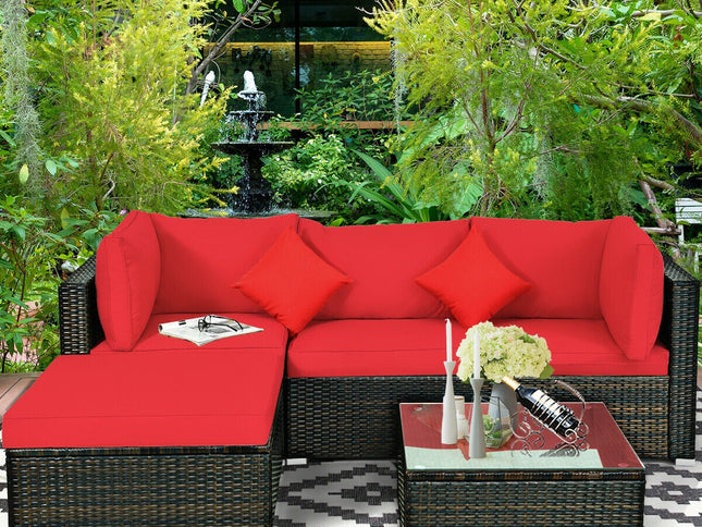 5-Piece Outdoor Rattan Sectional Sofa Set with Ottoman & Coffee Table — Red