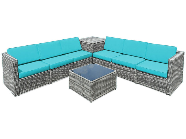 8-Piece Outdoor Wicker Rattan Sofa Set with Storage Box & Tempered Glass Table — Turquoise