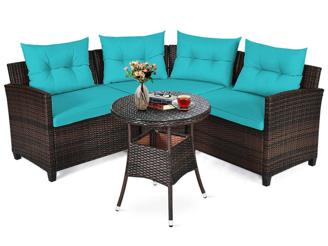 4-Piece Outdoor Cushioned Rattan Patio Furniture Set — Turquoise