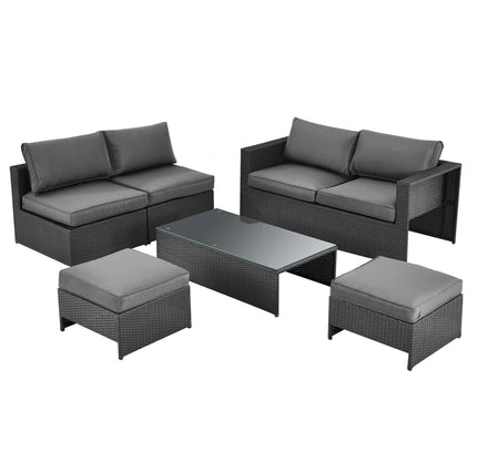 6-Piece Outdoor Rattan Patio Set with Glass Coffee Table & 2 Ottomans — Gray