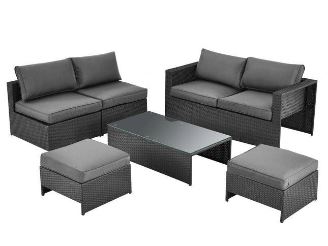 6-Piece Outdoor Rattan Patio Set with Glass Coffee Table & 2 Ottomans — Gray
