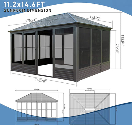 11X14FT Alora Meridian Premium Four Season Outdoor Aluminum Hardtop Gazebo Sunroom With Galvanized Steel Roof, Sliding Doors And Movable PVC Screen Walls (SAK88776)