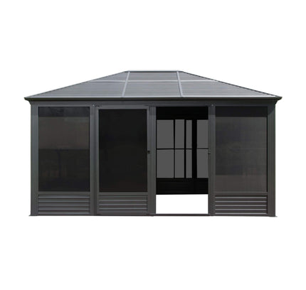 11X14FT Alora Meridian Premium Four Season Outdoor Aluminum Hardtop Gazebo Sunroom With Galvanized Steel Roof, Sliding Doors And Movable PVC Screen Walls (SAK88776)