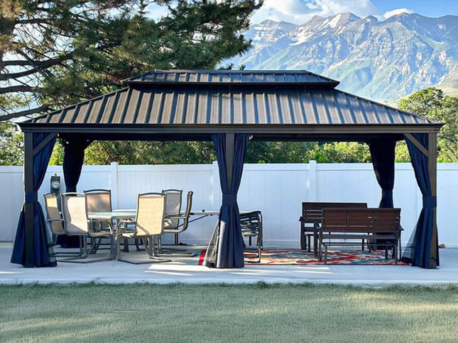 12X20FT Alora Heavy-Duty Outdoor Backyard Hardtop Gazebo With Netting And Curtains (SAK18352)