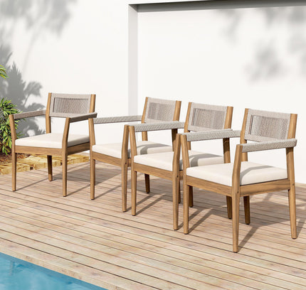 5-Piece Acacia Wood Outdoor Dining Set with Rope Braided Chairs & Round Table — Teak