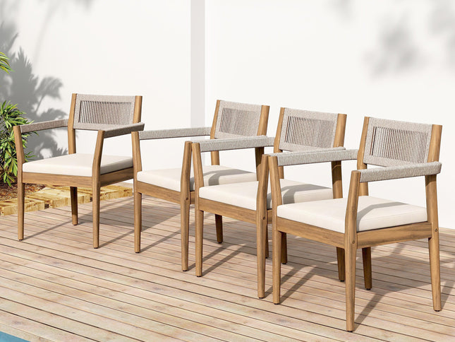 5-Piece Acacia Wood Outdoor Dining Set with Rope Braided Chairs & Round Table — Teak