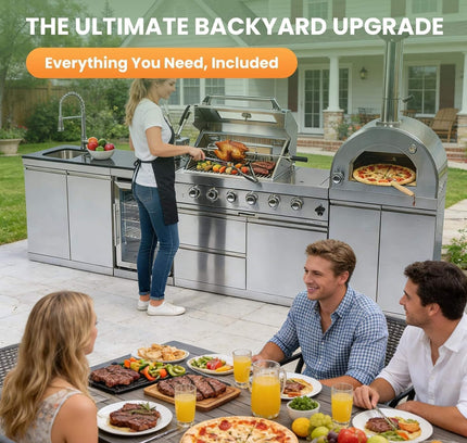 Blazon 125-Inch 4-Burner 108K BTU Outdoor Kitchen Island With Pizza Oven, Rotisserie & Refrigerator (SAK55768)