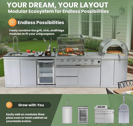 Blazon 125-Inch 4-Burner 108K BTU Outdoor Kitchen Island With Pizza Oven, Rotisserie & Refrigerator (SAK55768)