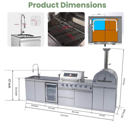 Blazon 125-Inch 4-Burner 108K BTU Outdoor Kitchen Island With Pizza Oven, Rotisserie & Refrigerator (SAK55768)