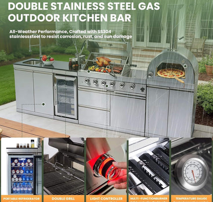 Blazon 125-Inch 4-Burner 108K BTU Outdoor Kitchen Island With Pizza Oven, Rotisserie & Refrigerator (SAK55768)