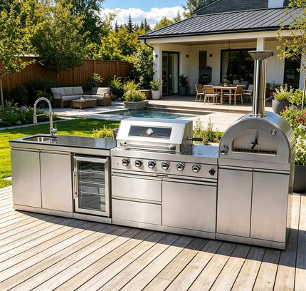 Blazon 125-Inch 4-Burner 108K BTU Outdoor Kitchen Island With Pizza Oven, Rotisserie & Refrigerator (SAK55768)