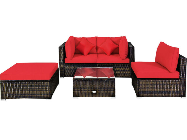 5-Piece Outdoor Rattan Sectional Sofa Set with Ottoman & Coffee Table — Red