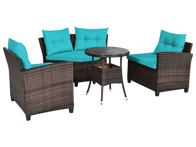 4-Piece Outdoor Cushioned Rattan Patio Furniture Set — Turquoise