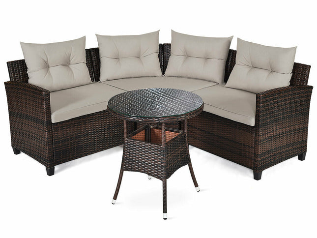 4-Piece Outdoor Wicker Rattan Patio Sofa Set with Glass Coffee Table