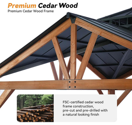 [12X12FT] Alora Premium Outdoor Cedar Wood Hardtop Gazebo With Galvanized Steel Roof